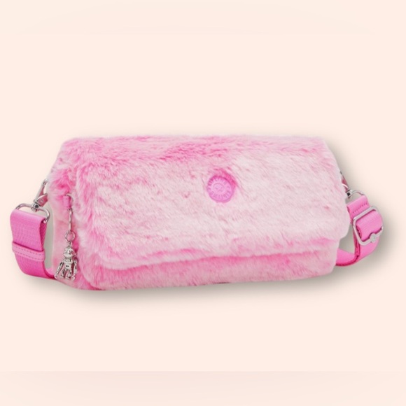 Kipling Aras Furry Shoulder Bag Crossbody Teddy Pink Metal Monkey Chain - Picture 3 of 7